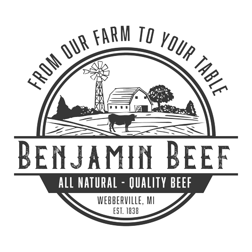 Benjamin Beef Logo. Farm inside a circle with text 'from our farm to your table'
