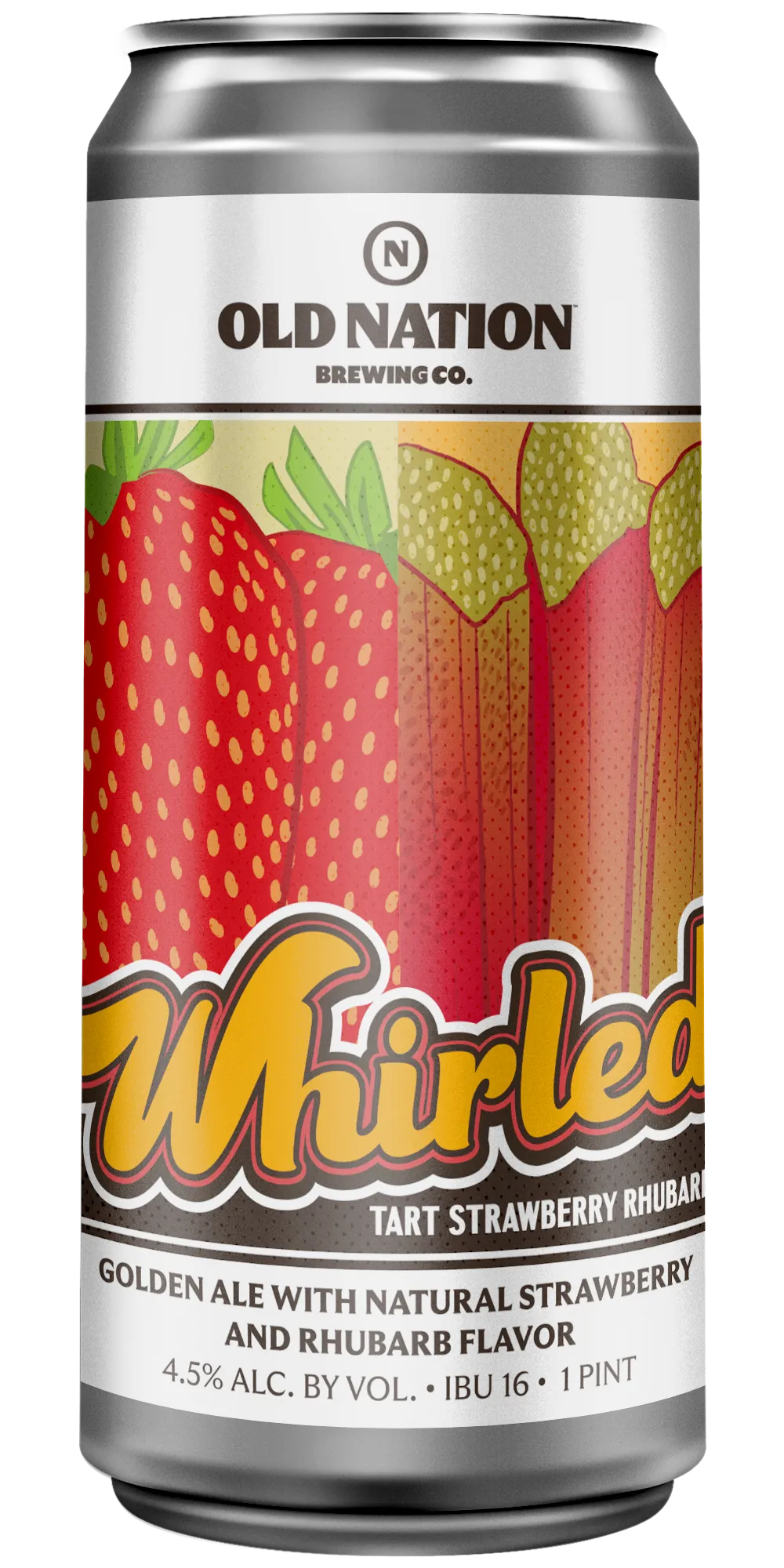 Old Nation Whirled Tart Strawberry Rhubarb beer in an aluminum can. Drawing of strawberries and rhubarb on can label.