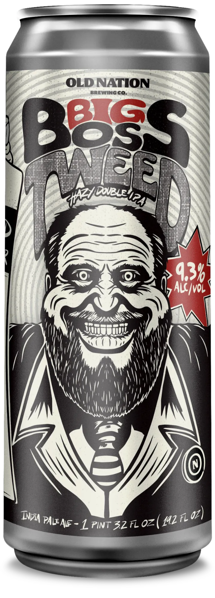 Big Boss Tweed beer by Old Nation in a 19.2oz Can. Illustration of a balding man smiling