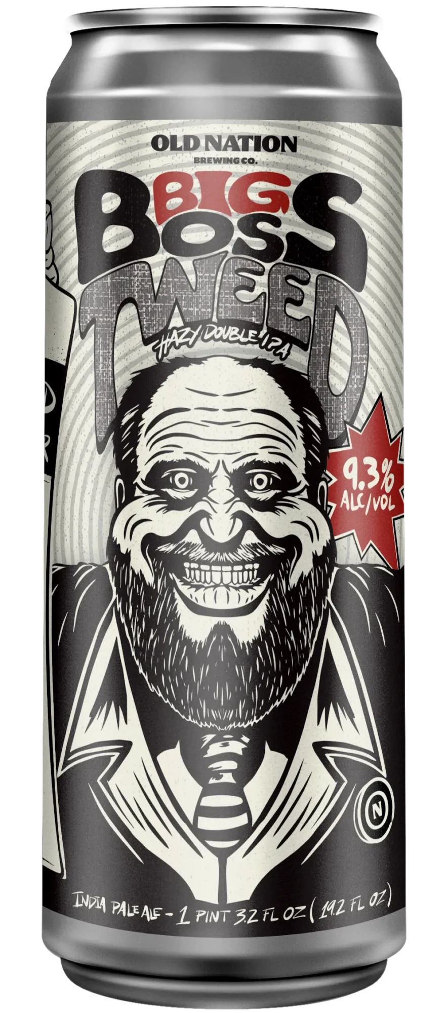 Big Boss Tweed beer by Old Nation in a 19.2oz Can. Illustration of a balding man smiling