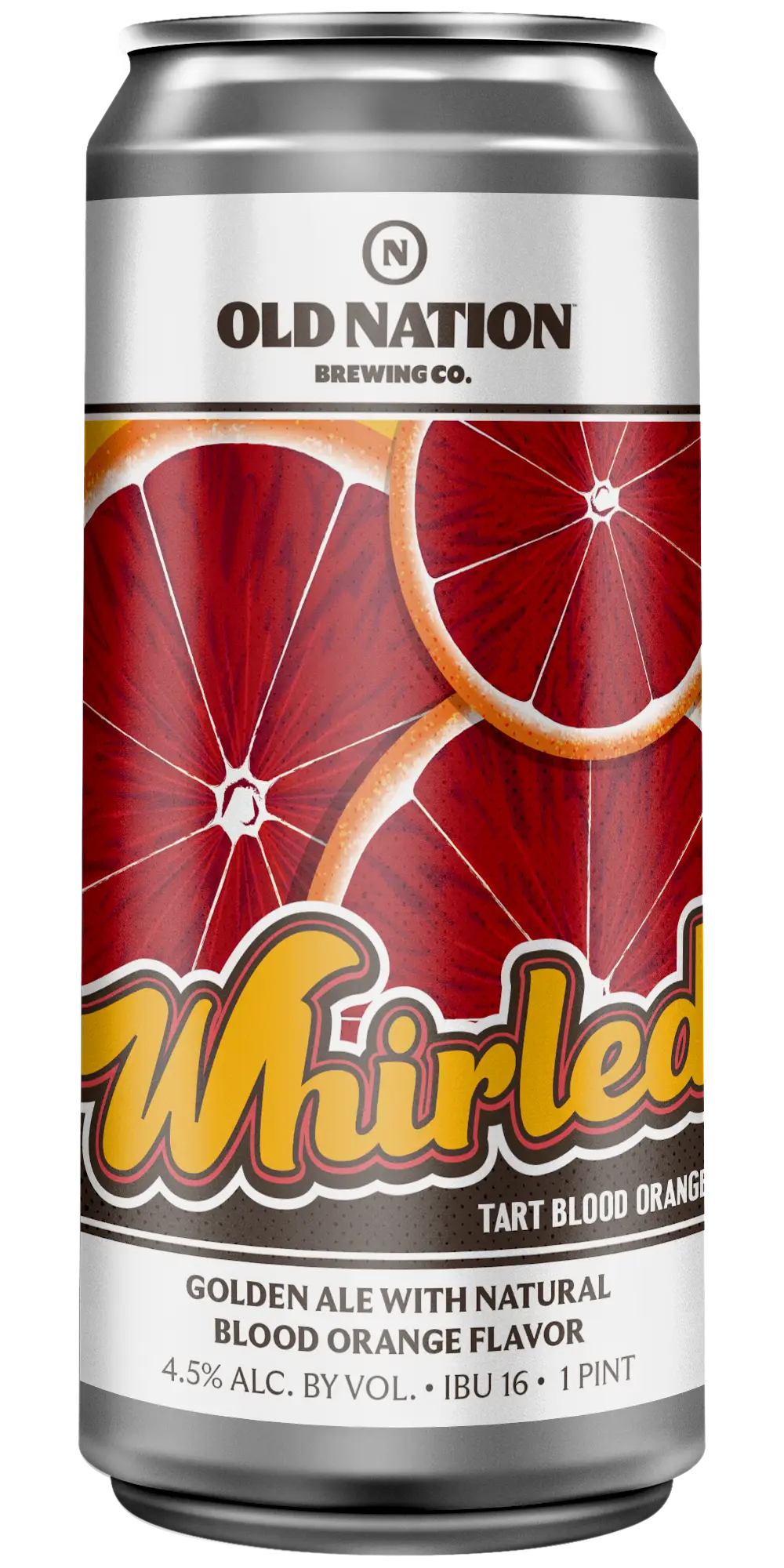 Old Nation Whirled Tart Blood Orange beer in an aluminum can. Drawing of blood orange slices on can label.