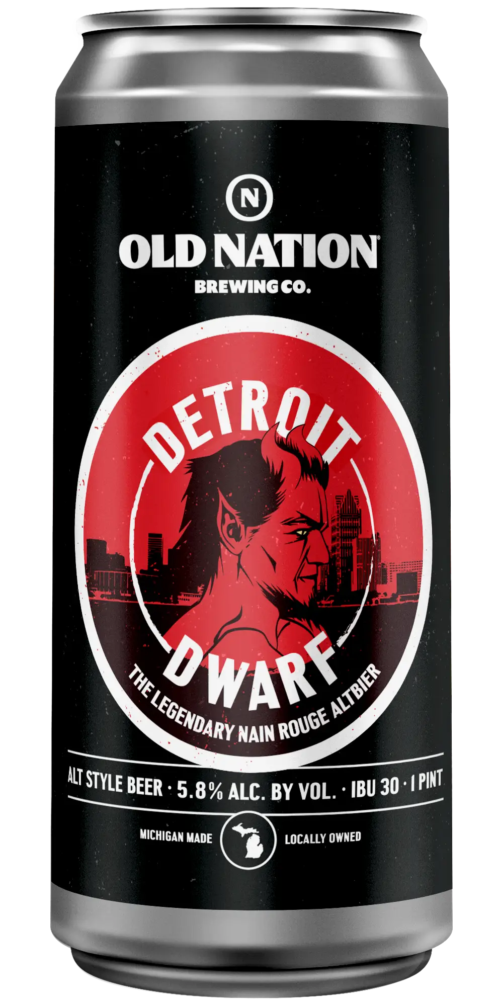 Old Nation Detroit Dwarf beer in an aluminum can. Drawing of the Detroit Dwarf on can label.