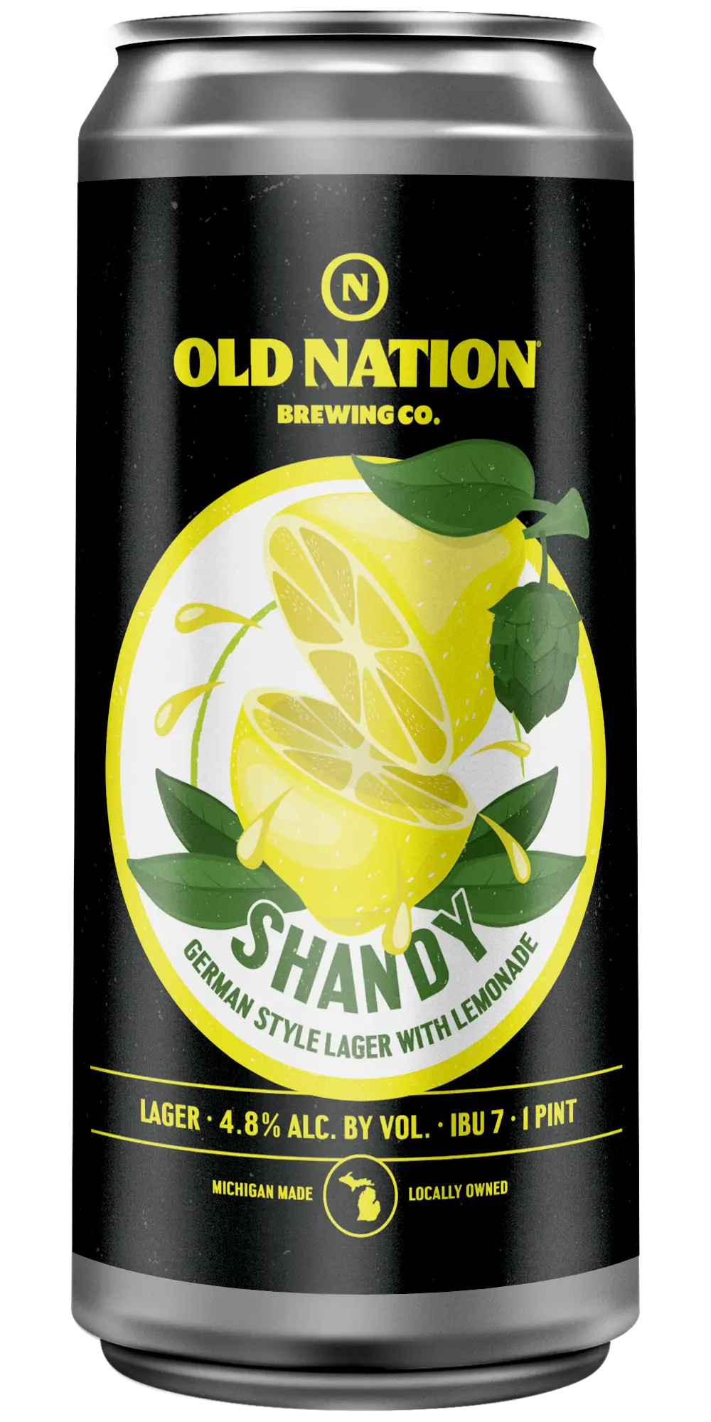 Old Nation Shandy beer in an aluminum can. Drawing of a lemon cur in half on the can label.
