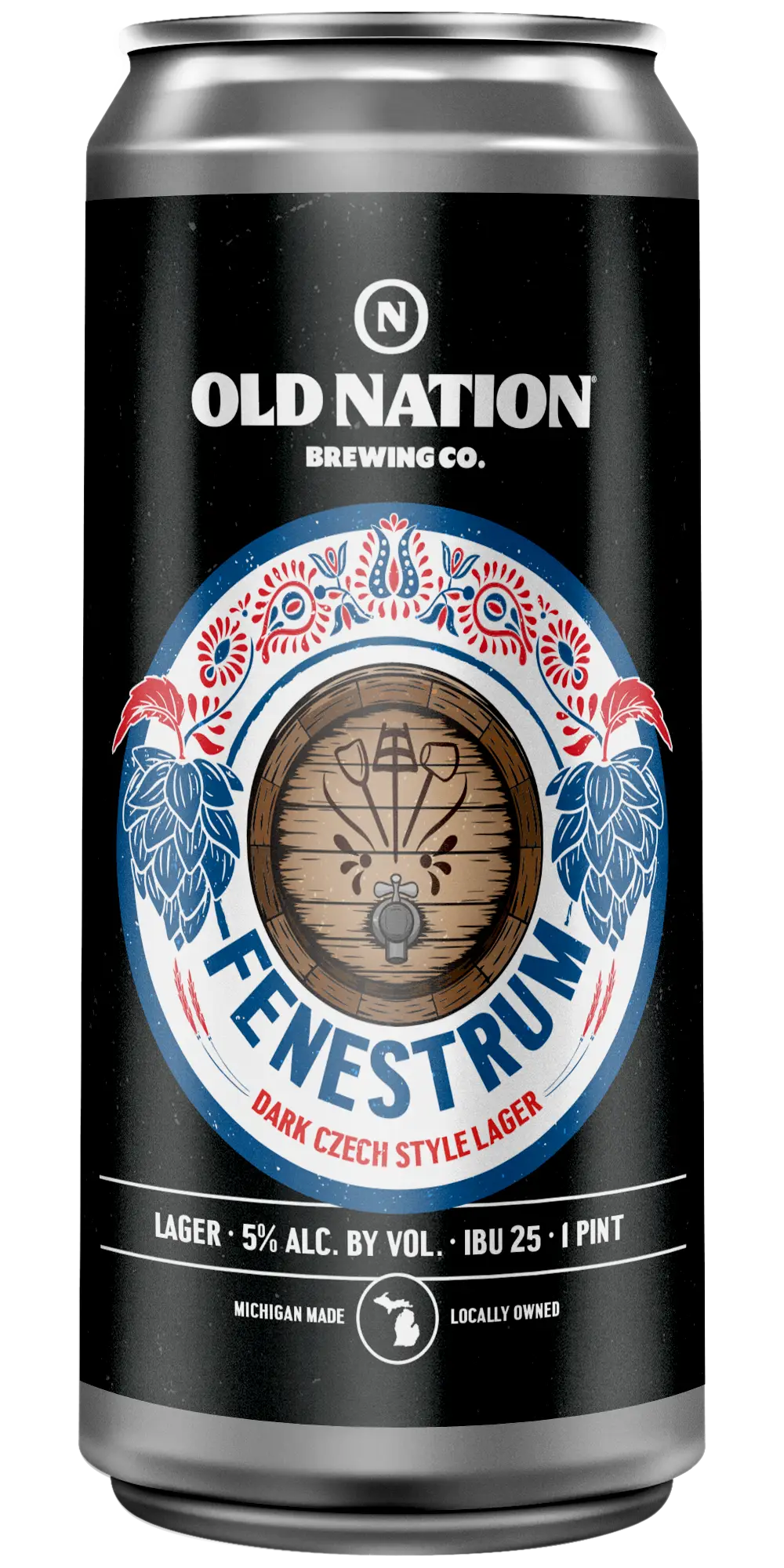 Old Nation Fenestrum beer in an aluminum can. Drawing of beer barrel with hops on the can label.