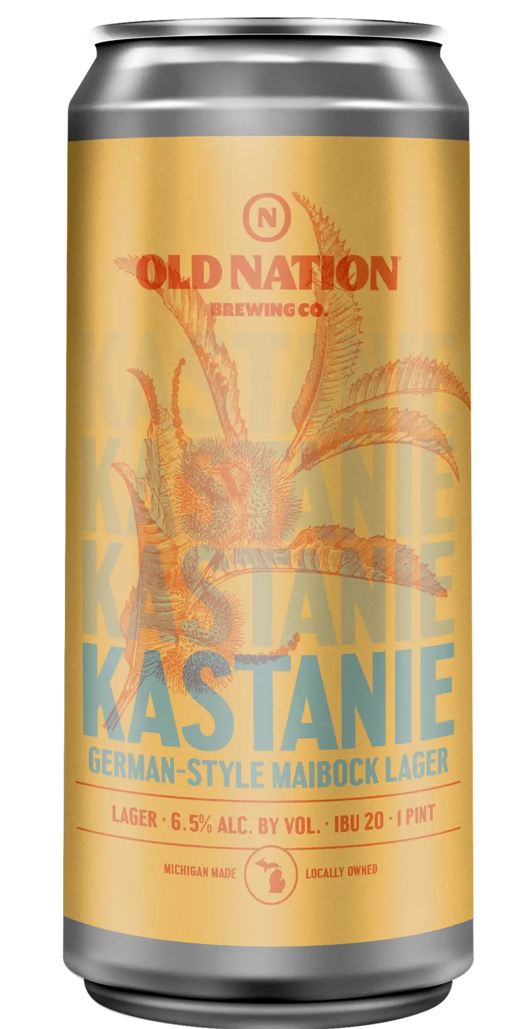Old Nation Kastanie beer in an aluminum can. Drawing of a chestnut and leaves on the can label.