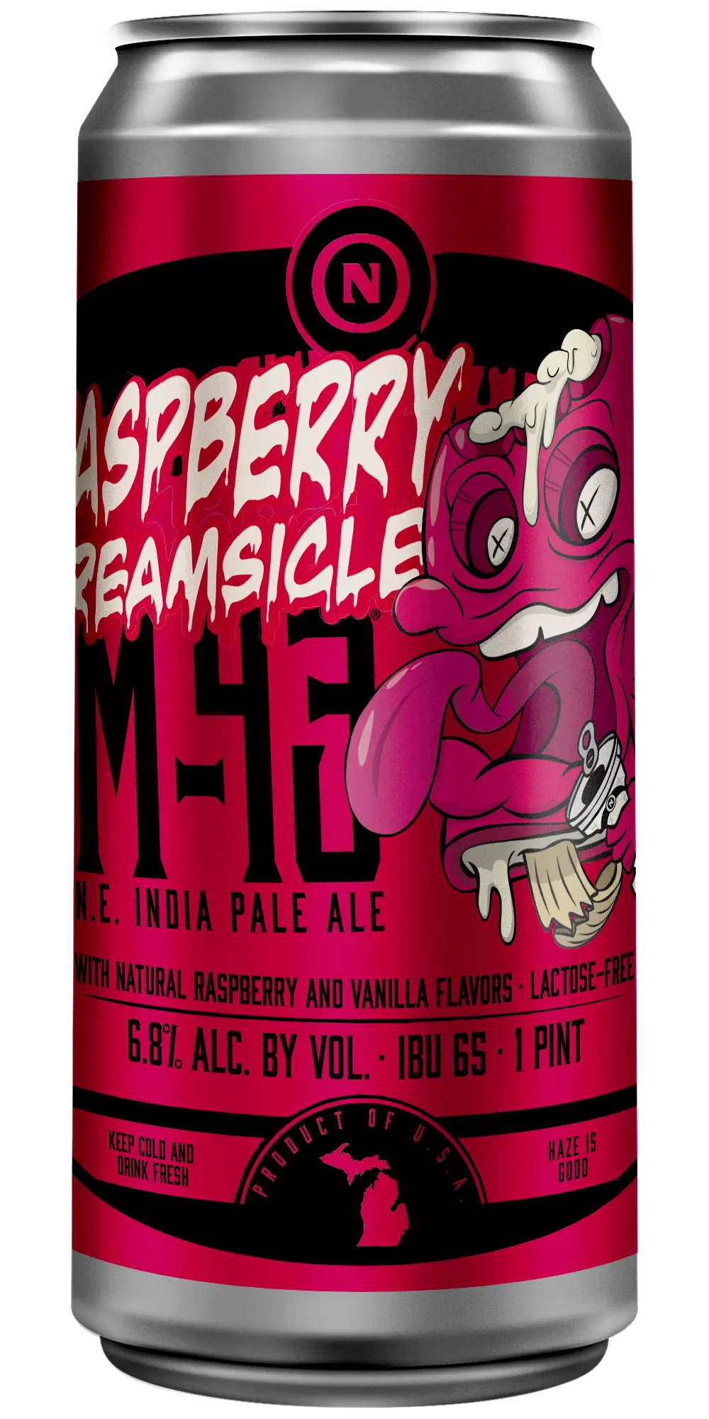 Old Nation Raspberry Creamsicle beer in an aluminum can. Drawing of cartoon character creamsicle on the can label.