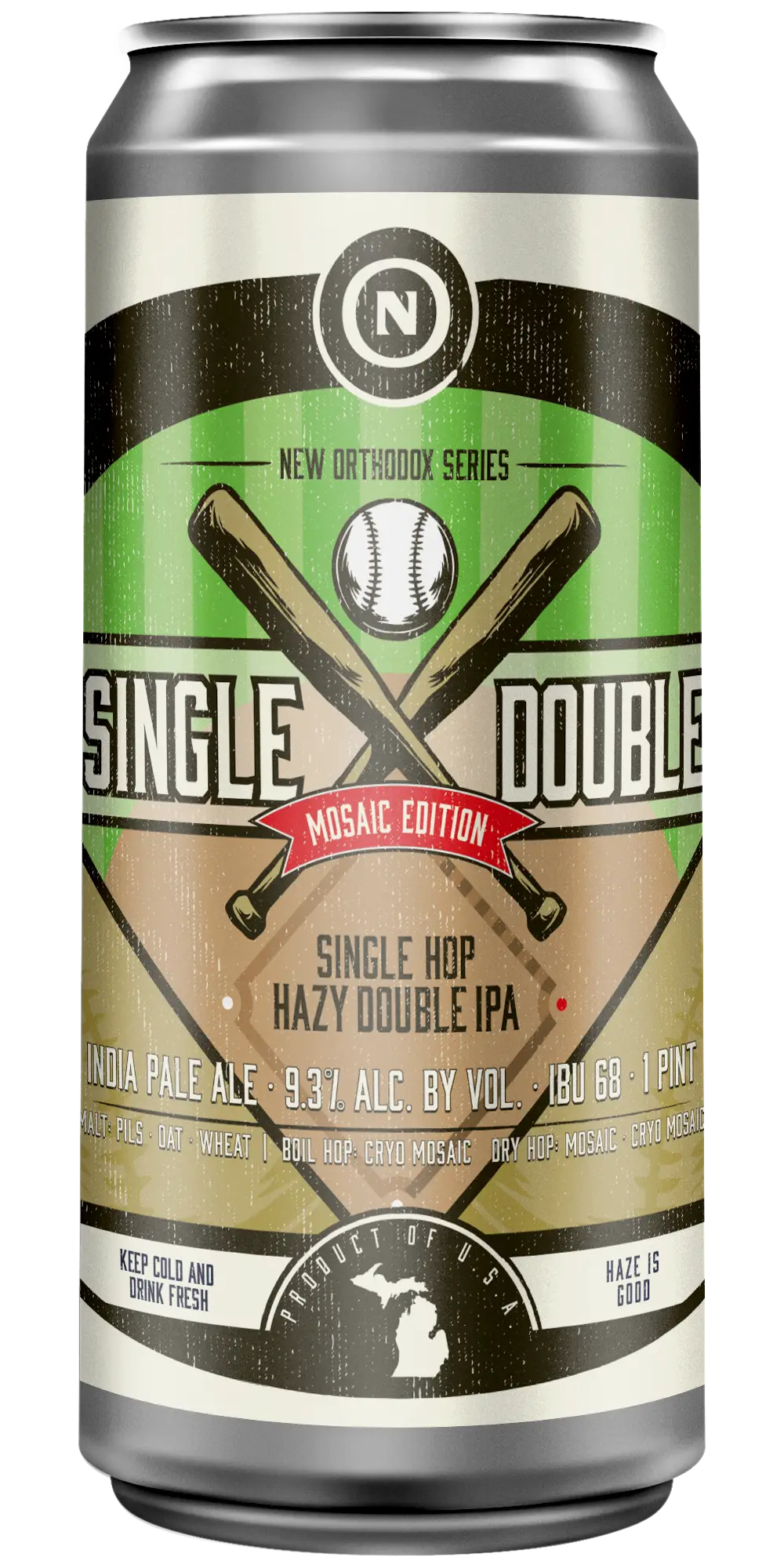 Old Nation Single Double Mosaic beer in an aluminum can. Drawing of a two baseball bats, a baseball, and a baseball diamond on the can label.