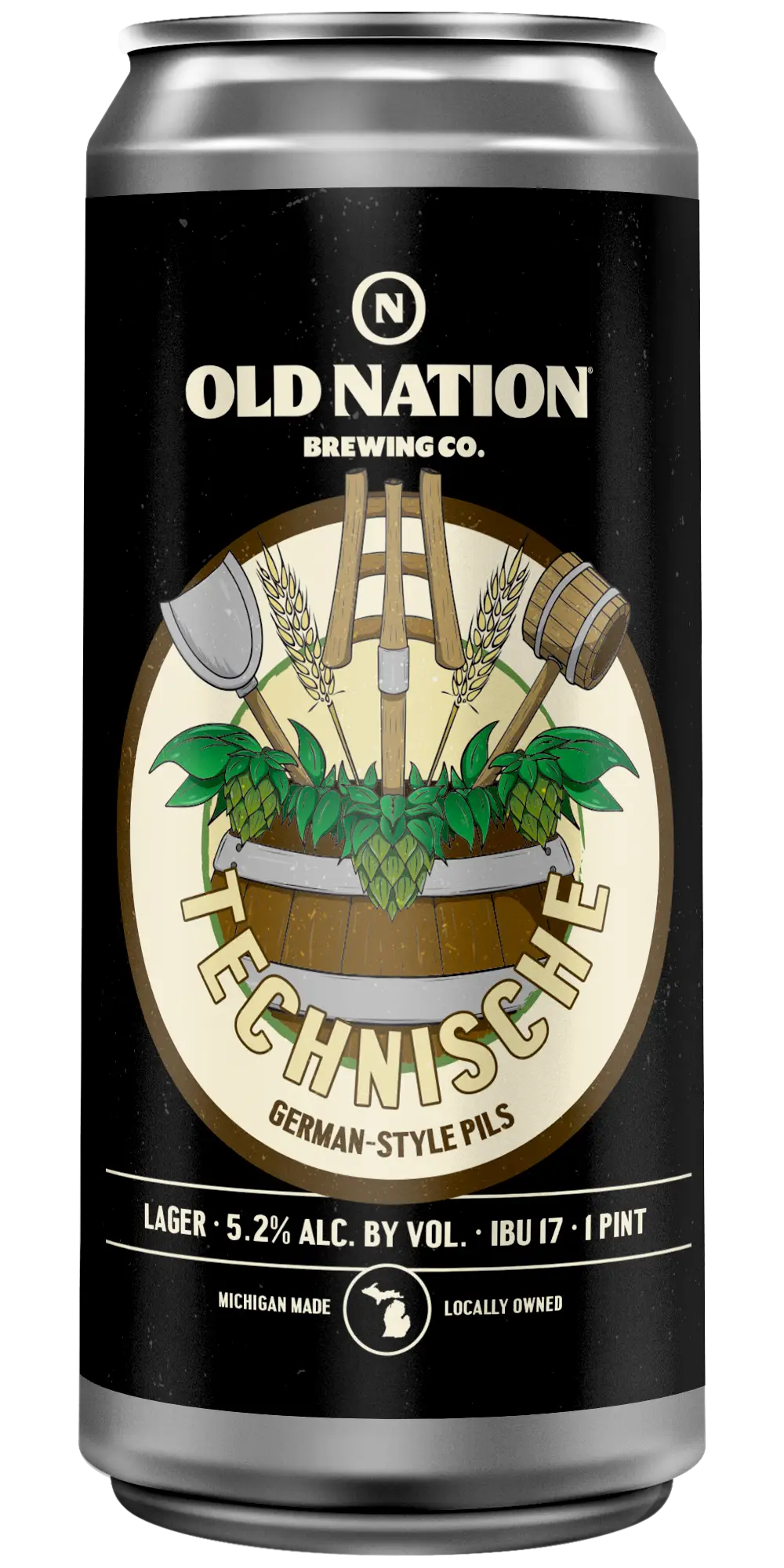 Old Nation Technische beer in an aluminum can. Drawing of beer making tools in a barrel with hops and wheat on the can label.