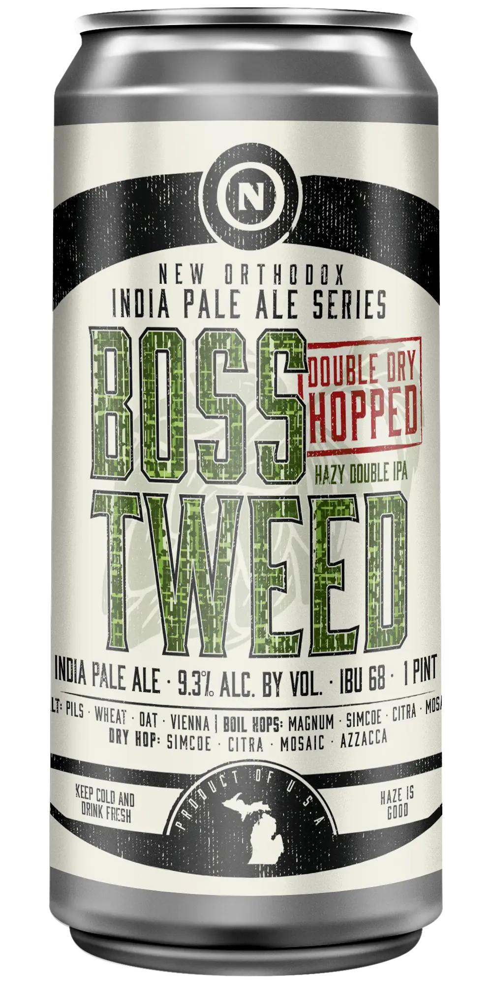 Old Nation Double Dry Hopped Boss Tweed beer in an aluminum can. Drawing of hop in the background with the beer name on the can label.