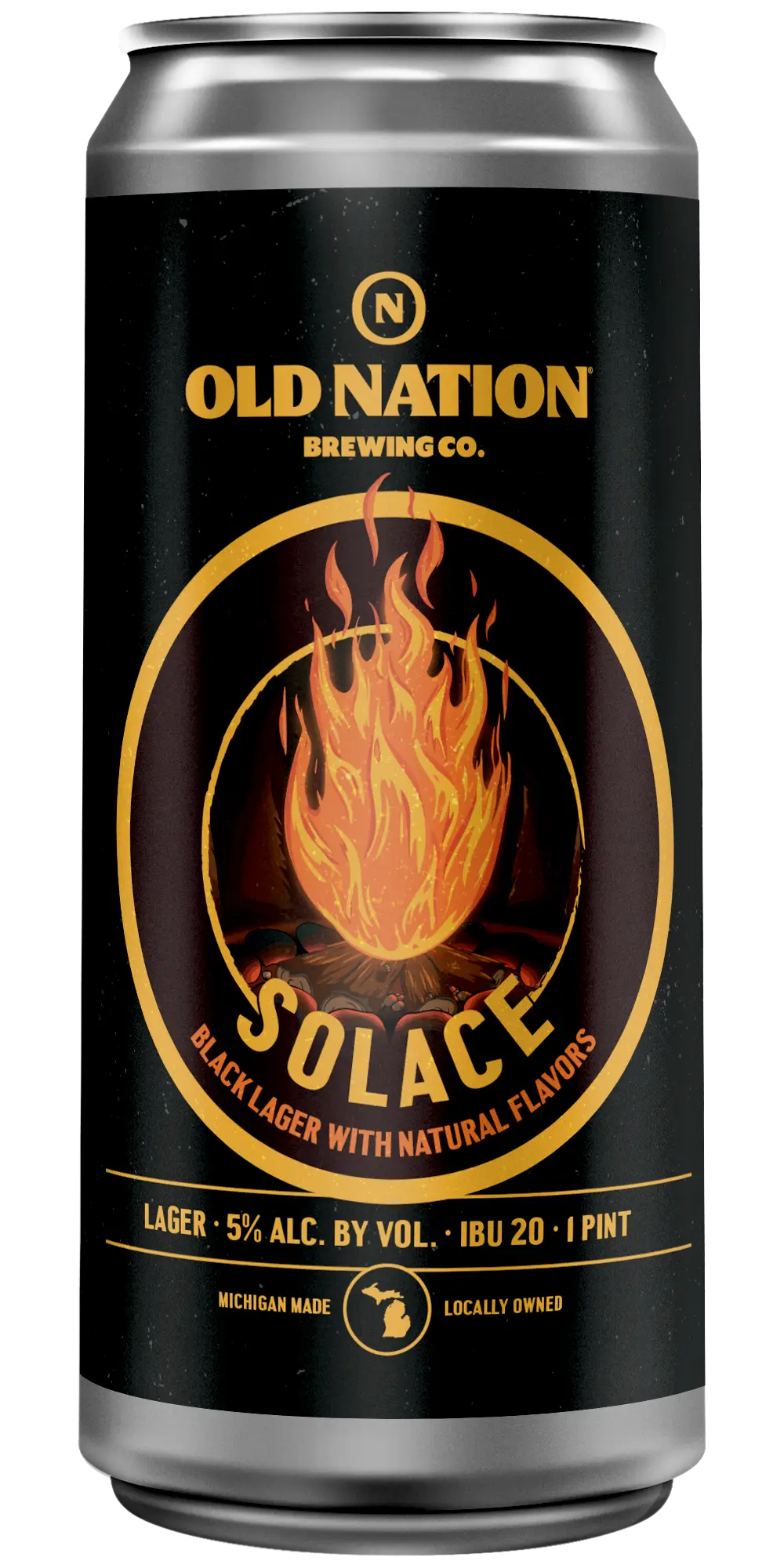 Old Nation Solace Dark Lager beer in an aluminum can. Drawing of a campfire on the can label.