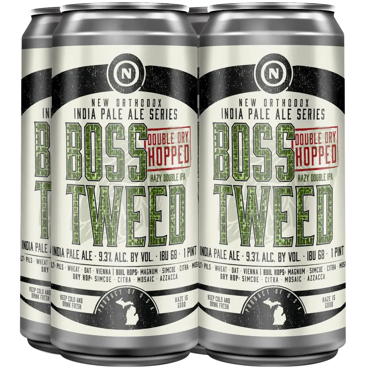 A 4-pack of Double Dry Hopped Boss Tweed cans.