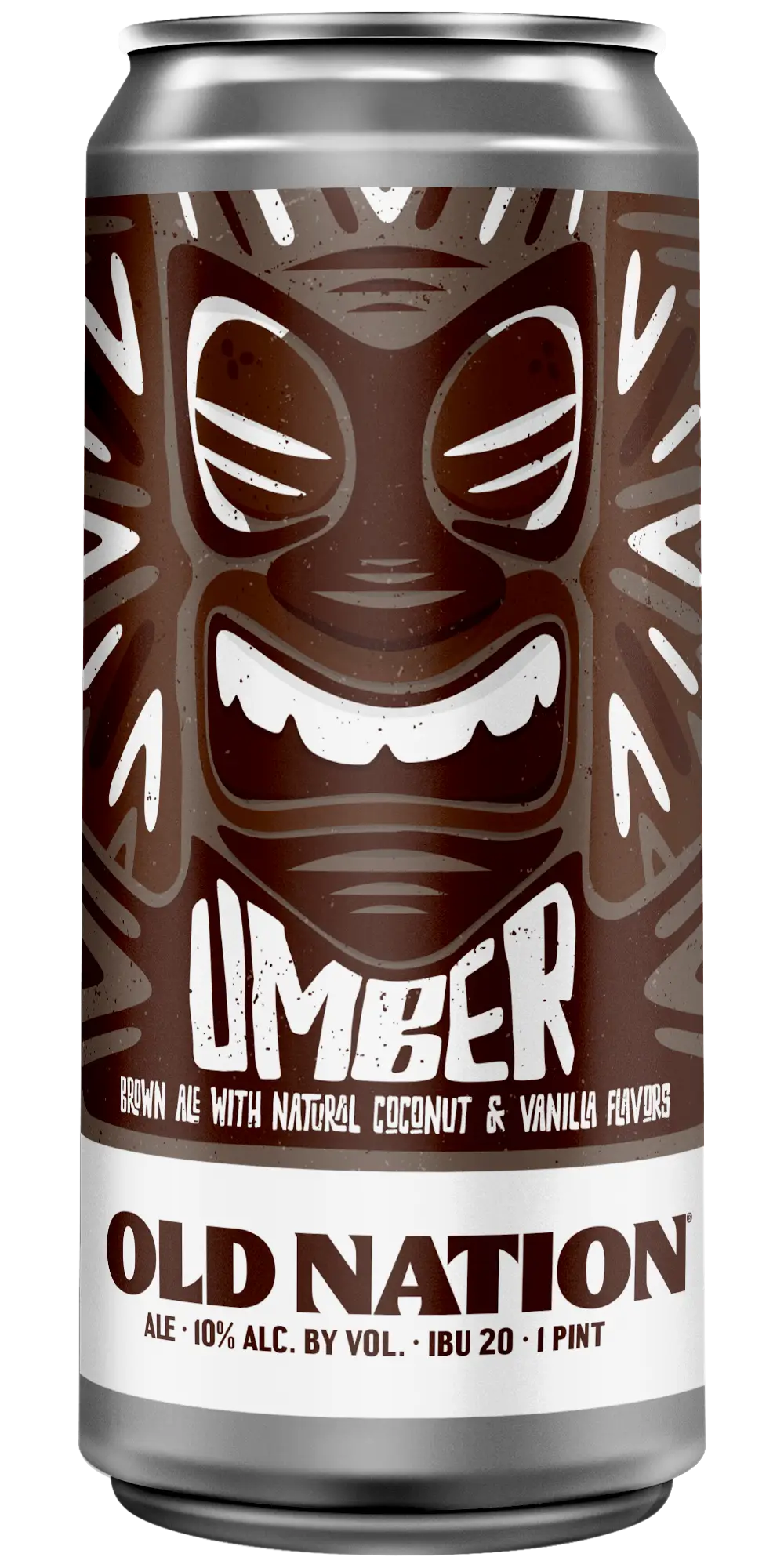 Old Nation Umber Brown Ale beer in an aluminum can. Drawing of tiki totem with the beer name on the can label.