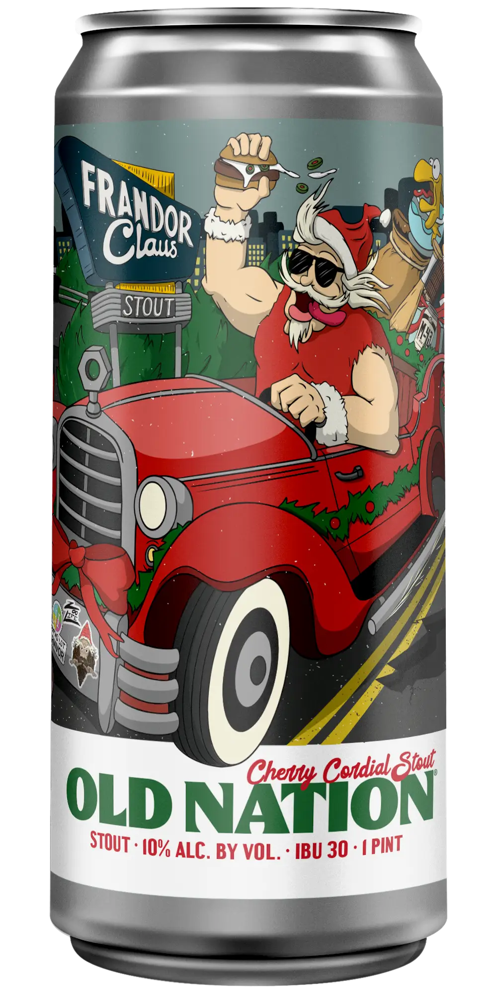 Old Nation Frandor Claus beer in an aluminum can. Drawing of a Santa character with images from the city of Lansing and the beer name on the can label.