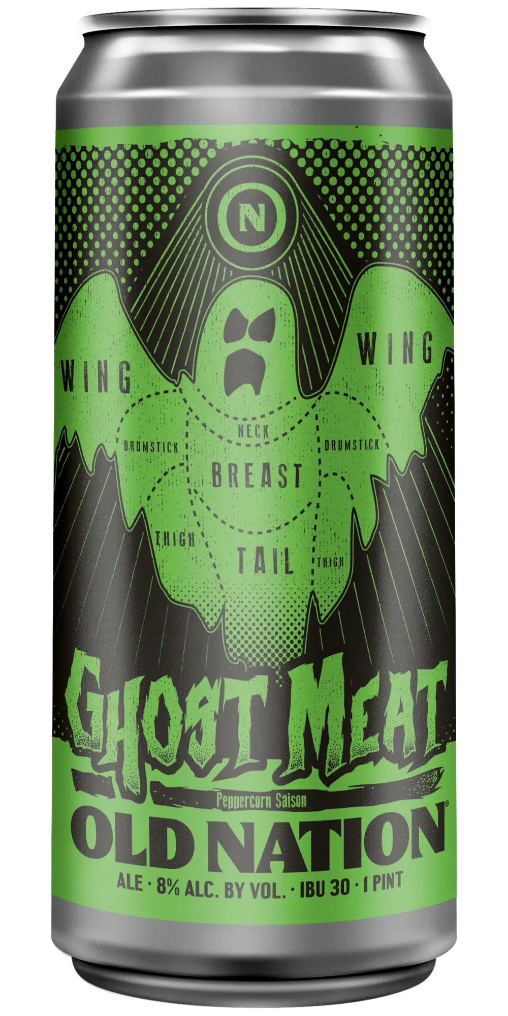 Old Nation Ghost Meat beer in an aluminum can. Drawing of a ghost and the beer name on the can label.