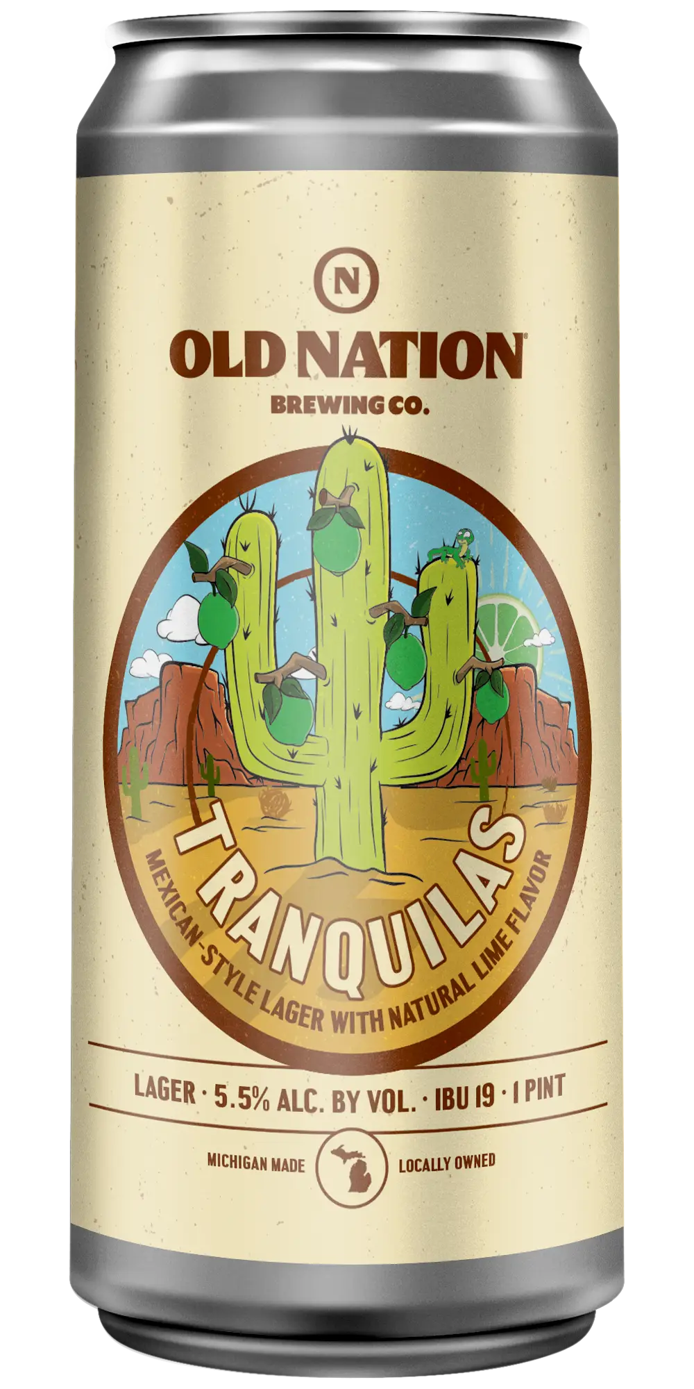 Old Nation Tranquilas beer in an aluminum can. Drawing of a cactus with limes hanging off it with a desert scene in the background and the beer name on the can label.