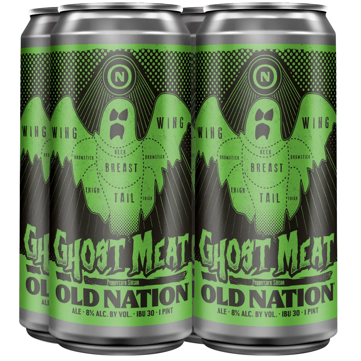 A 4-pack of Ghost Meat Peppercorn Saison - an illustration of a green ghost.