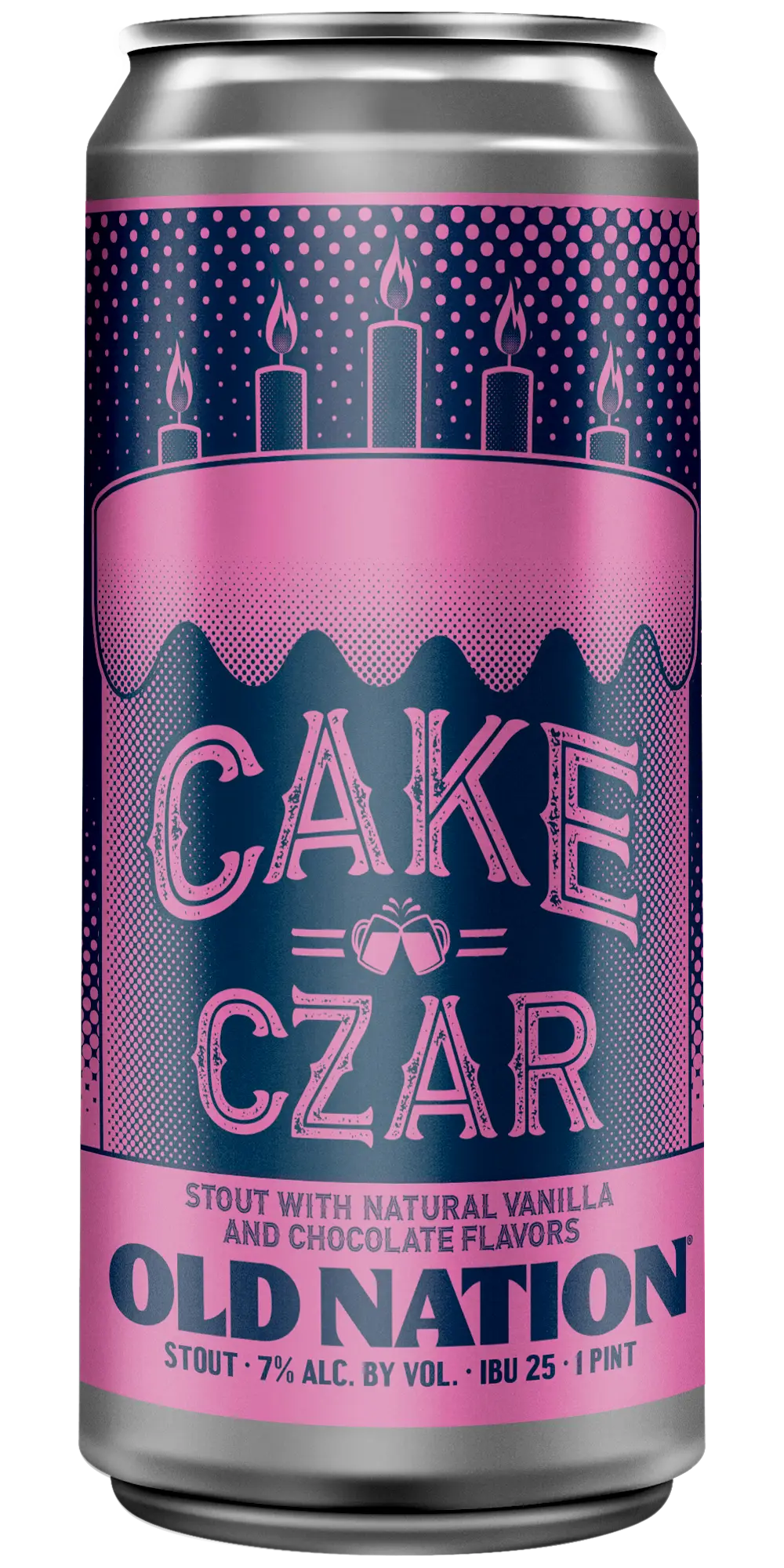 Old Nation Cake Czar beer in an aluminum can. Drawing of a cake and the beer name on the can label.