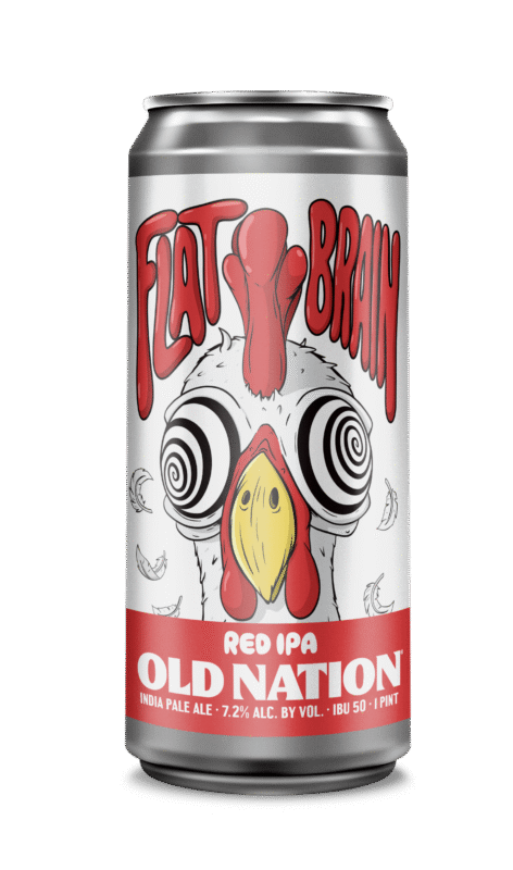 Old Nation Flat Brain beer in an aluminum can. Drawing of a chicken and the beer name on the can label.