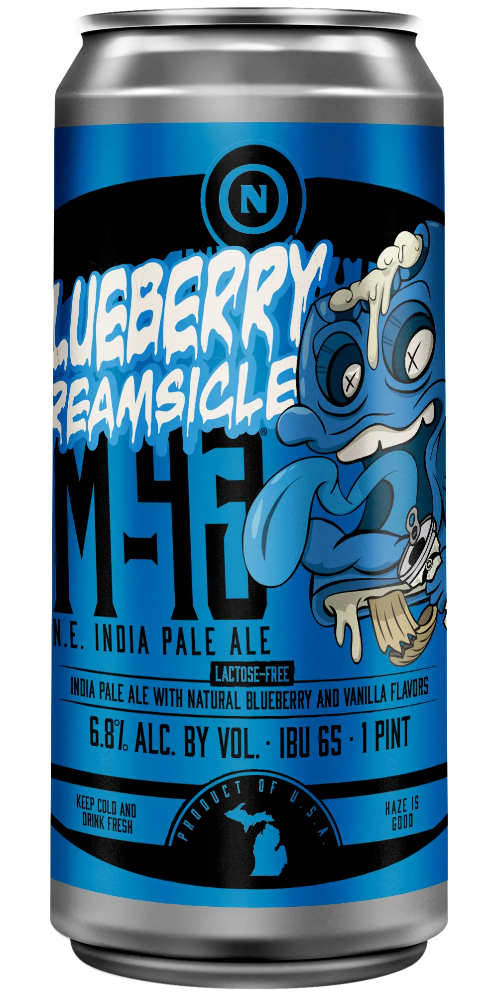 Old Nation Blueberry Creamsicle beer in an aluminum can. Drawing of cartoon character creamsicle on the can label.