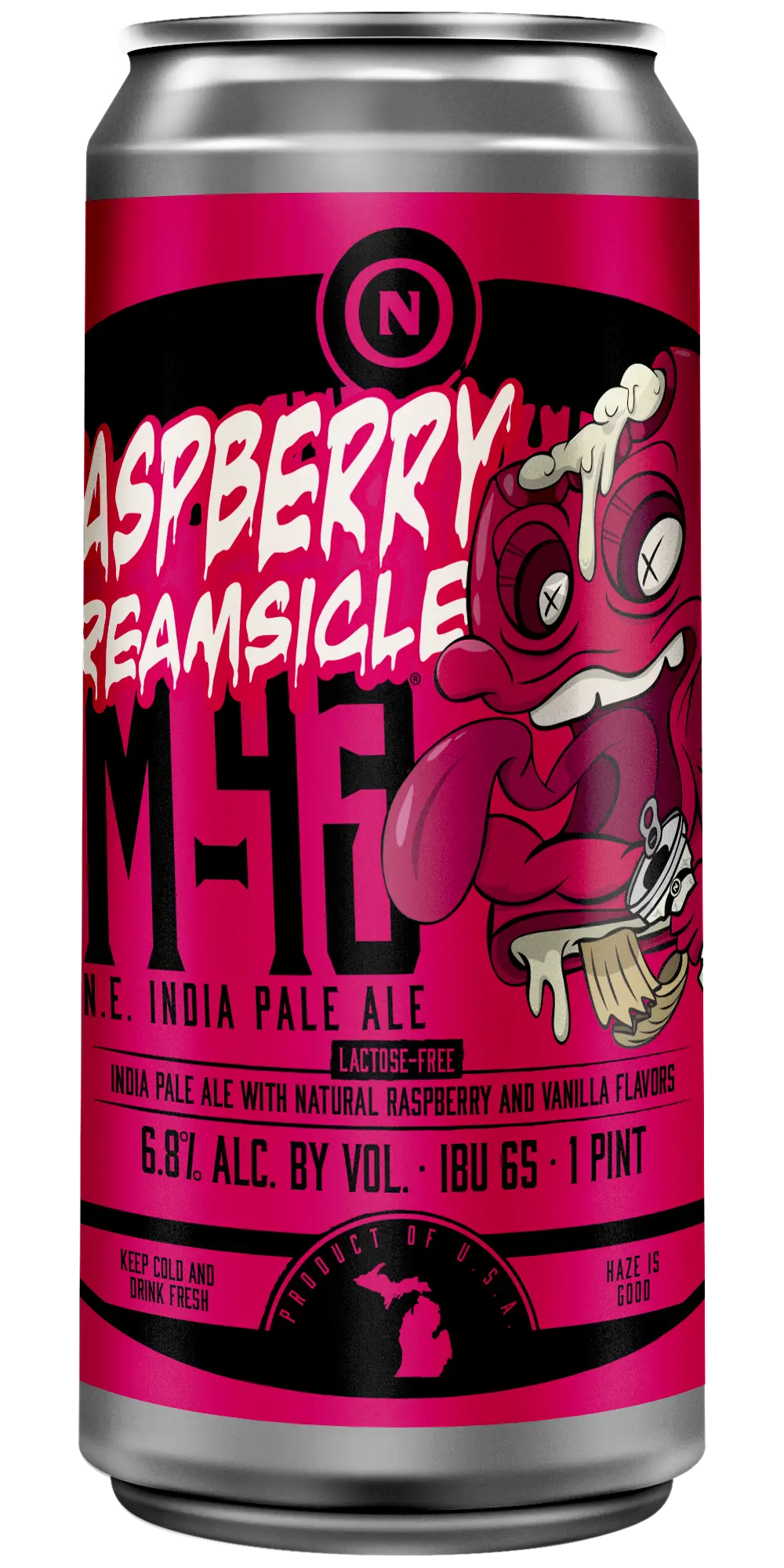 Old Nation Raspberry Creamsicle beer in an aluminum can. Drawing of cartoon character creamsicle on the can label.