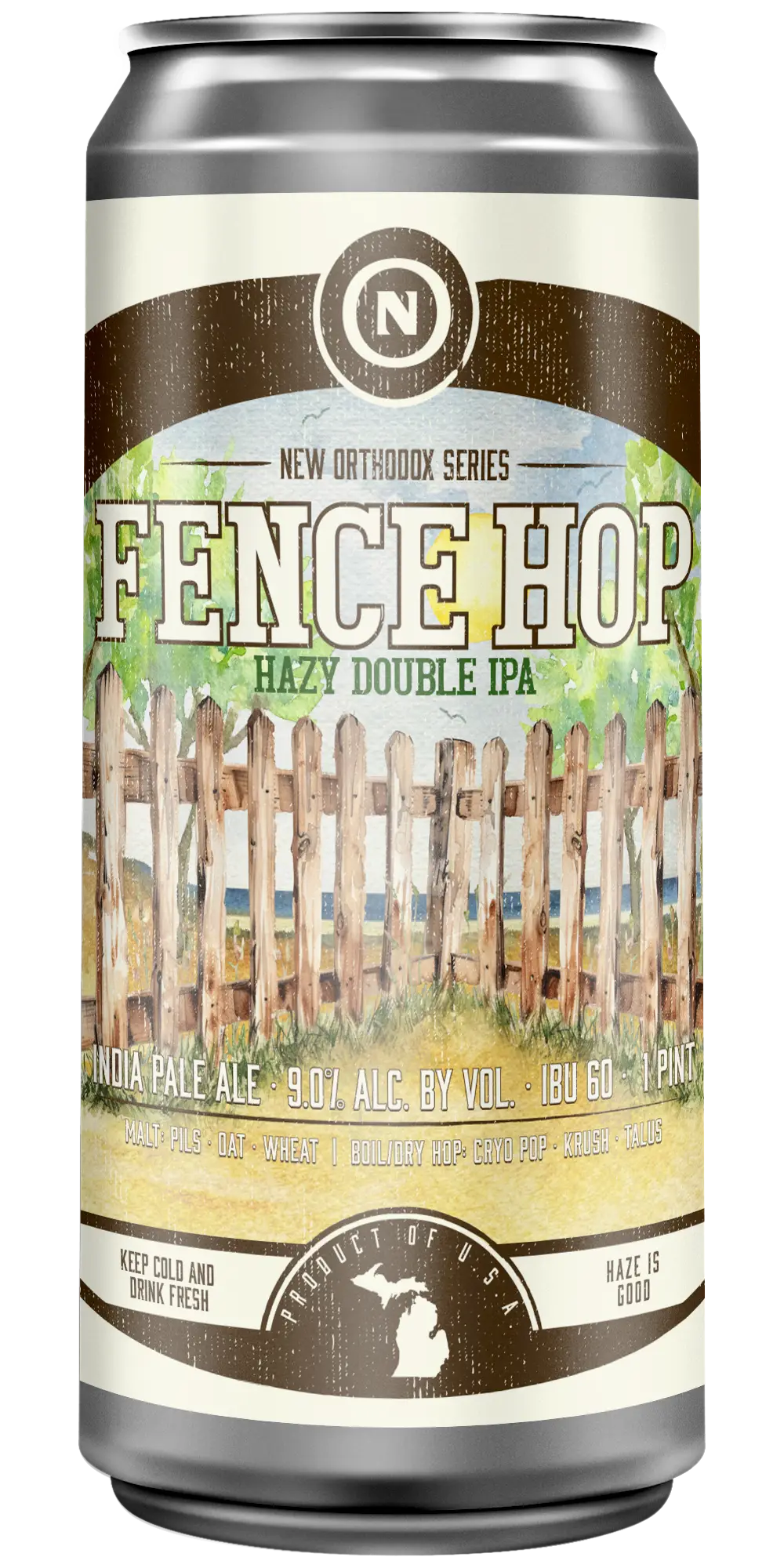 Old Nation Fence Hop Hazy Double IPA beer in an aluminum can. Drawing of a fence with trees and a lake in the background on the can label.