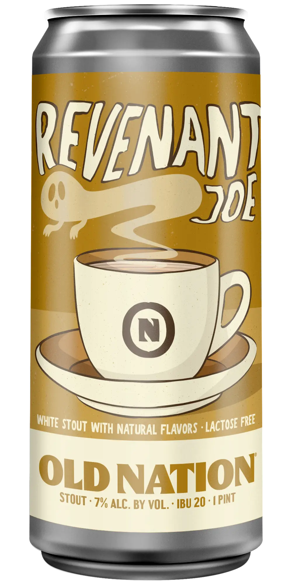 Old Nation Revenant Joe White Stout beer in an aluminum can. Drawing of a cup of coffee with a ghost as steam coming out of the cup on the can label.