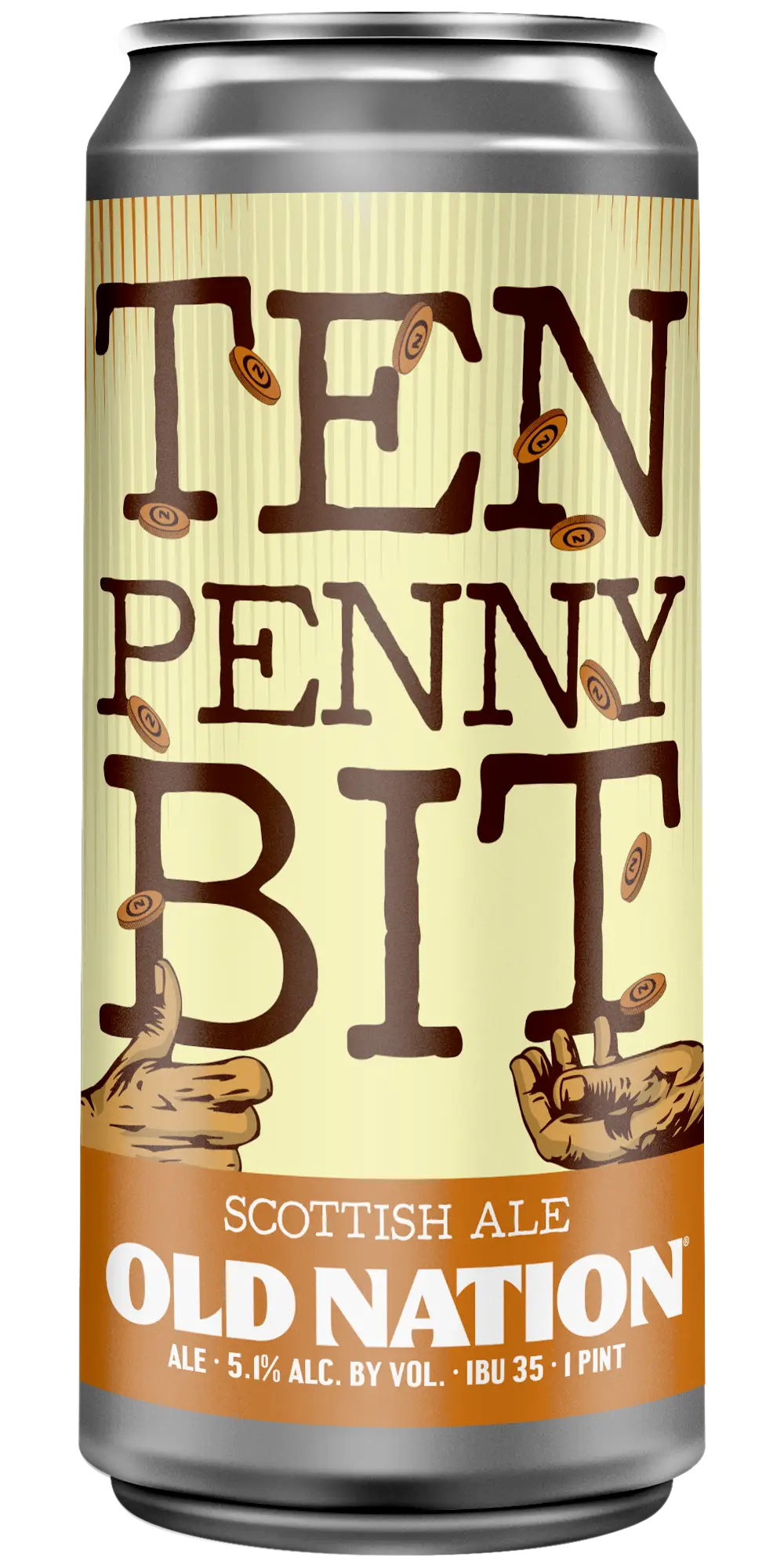 Old Nation Ten Penny Bit beer in an aluminum can. Drawing of two hands flipping coins to each other on the can label.