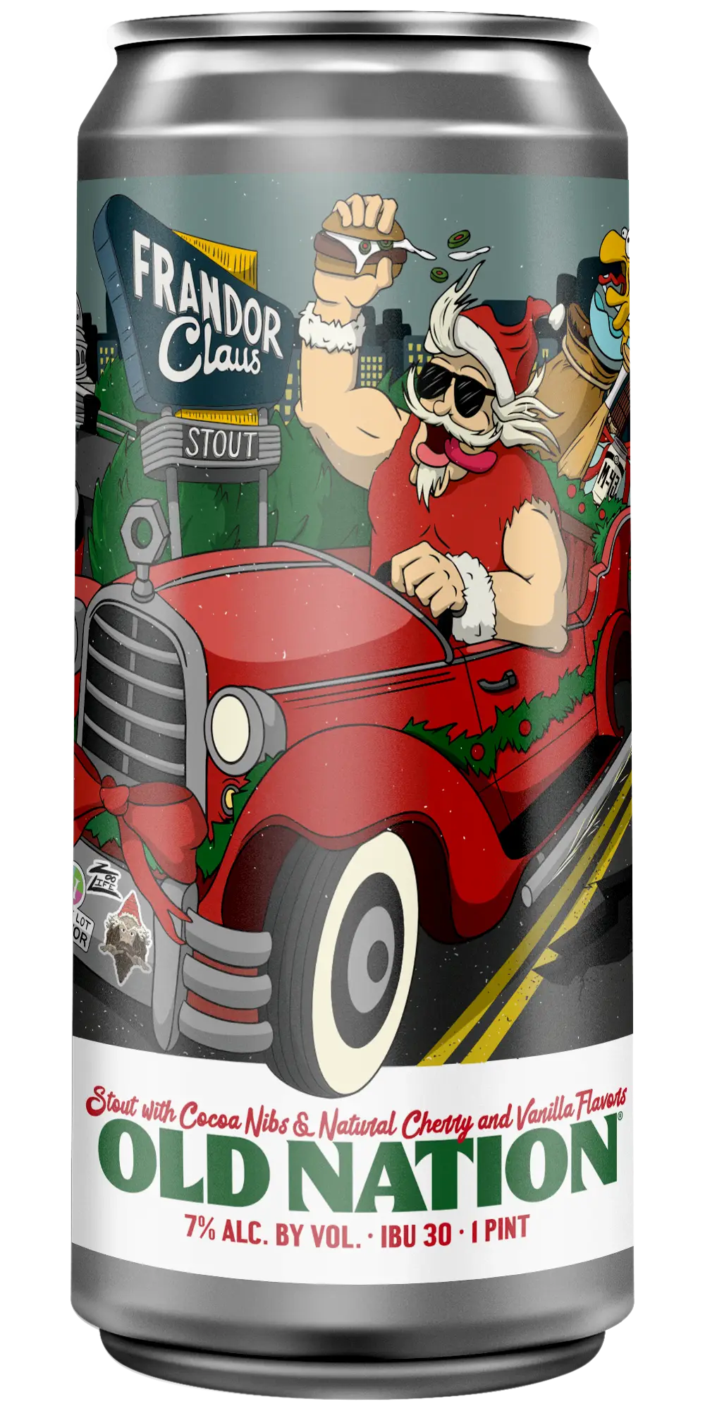 Old Nation Frandor Claus beer in an aluminum can. Drawing of a Santa character with images from the city of Lansing and the beer name on the can label.