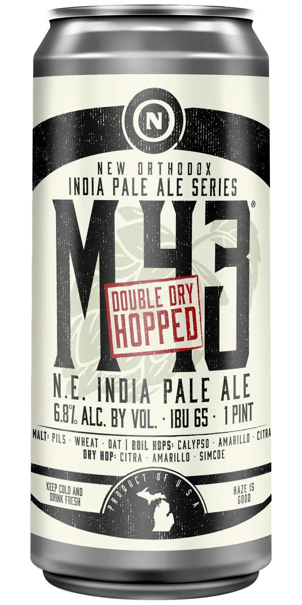 Old Nation Double Dry Hopped M-43 beer in an aluminum can. Drawing of hop in the background with the beer name on the can label.