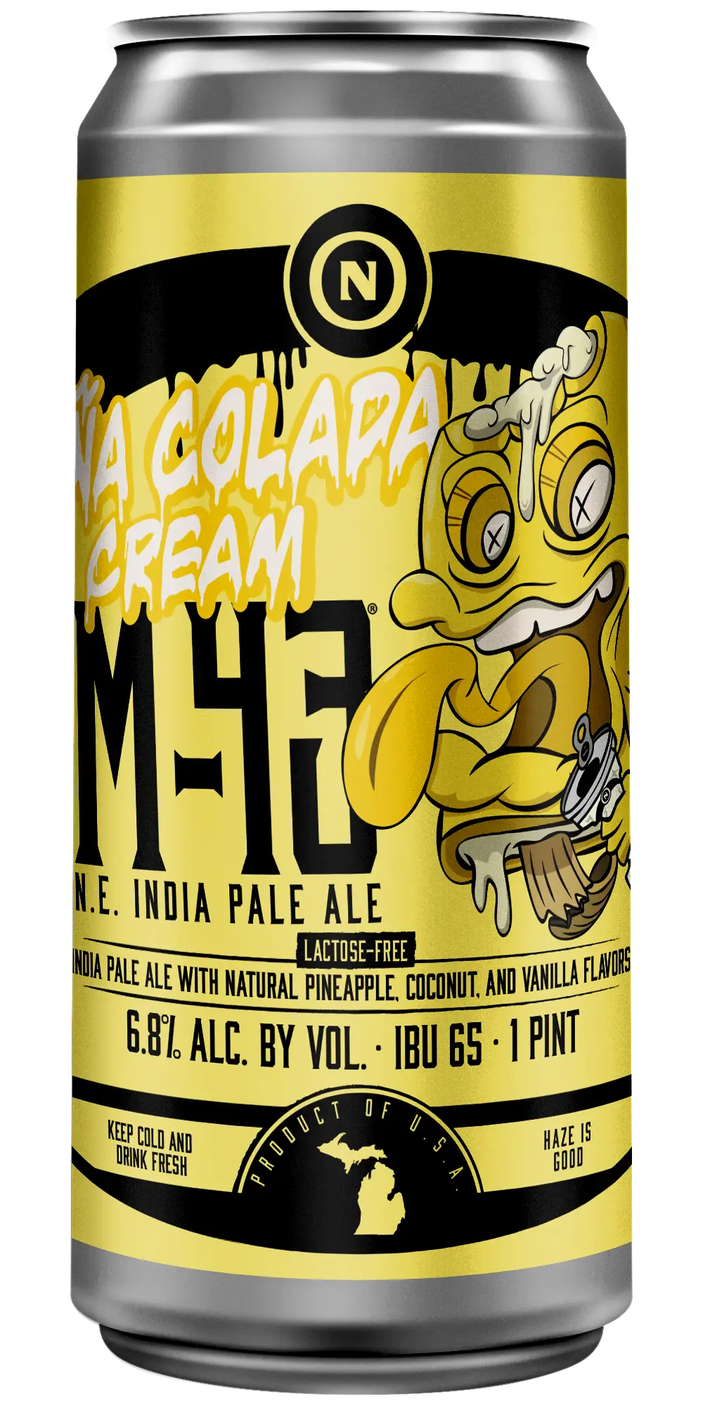 Old Nation Piña Colada Cream beer in an aluminum can. Drawing of cartoon character ice cream bar on the can label.