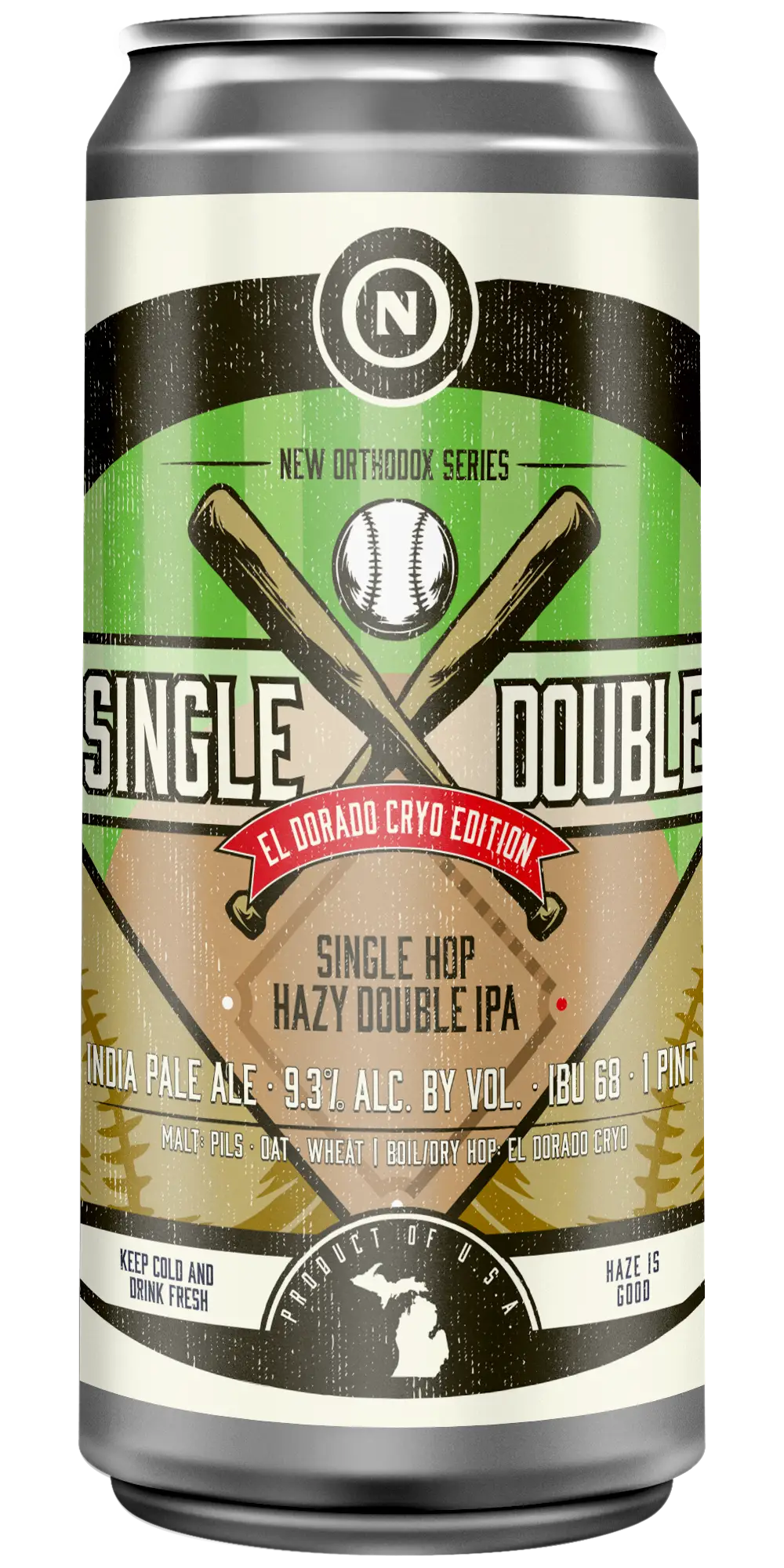 Old Nation Single Double El Dorado Cryo beer in an aluminum can. Drawing of a two baseball bats, a baseball, and a baseball diamond on the can label.