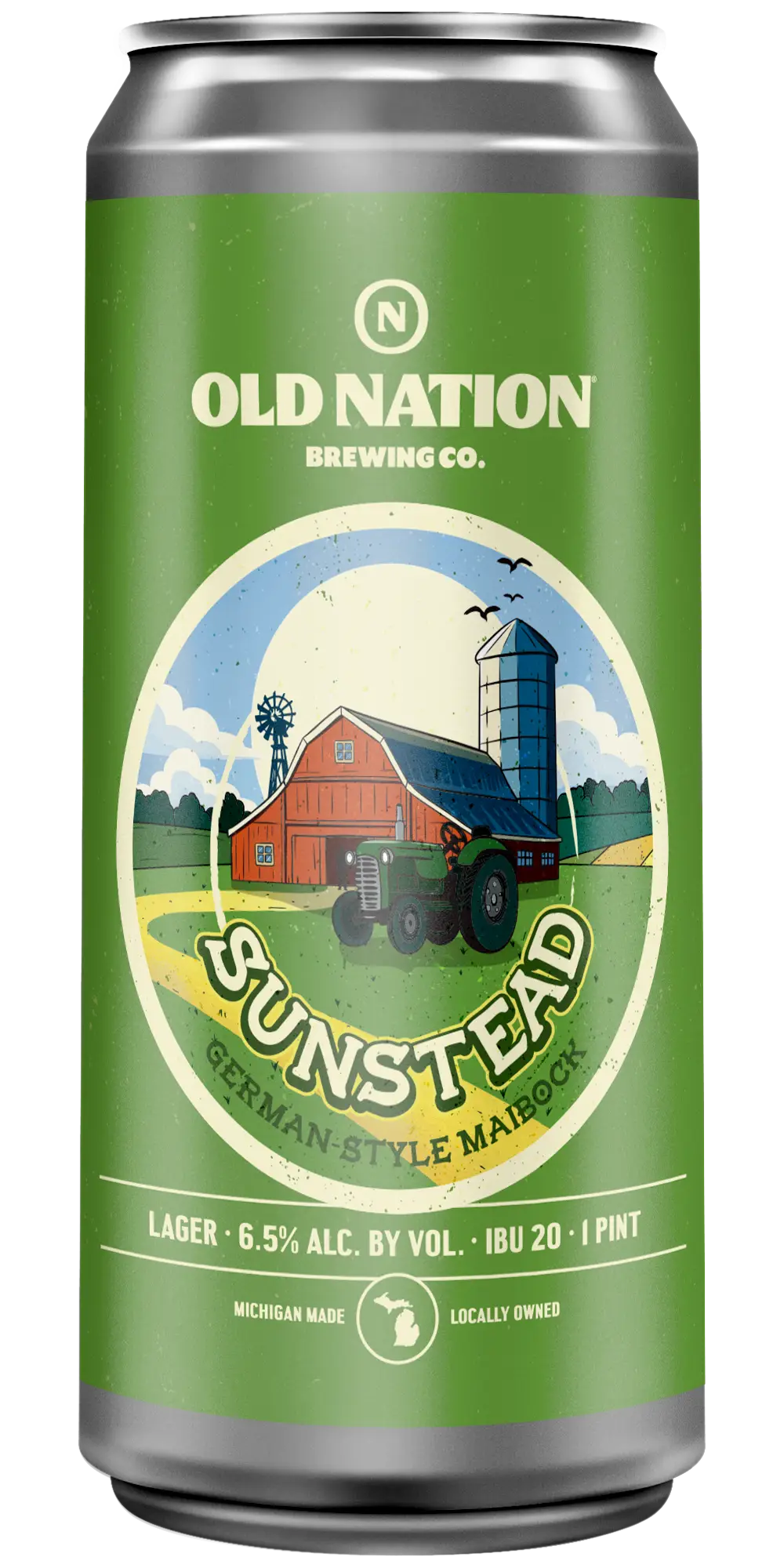 Old Nation Sunstead German-Style Maibock beer in an aluminum can. Drawing of a variety of a barn scene with a tractor, windmill,, and silo with the beer name on the can label.
