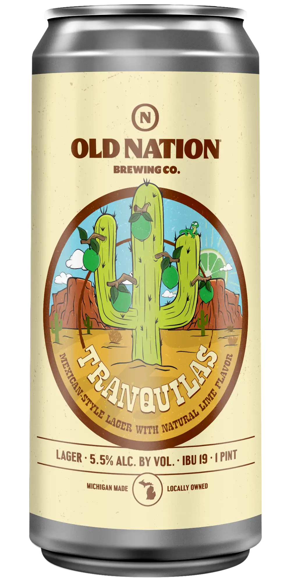 Old Nation Tranquilas beer in an aluminum can. Drawing of a cactus with limes hanging off it with a desert scene in the background and the beer name on the can label.