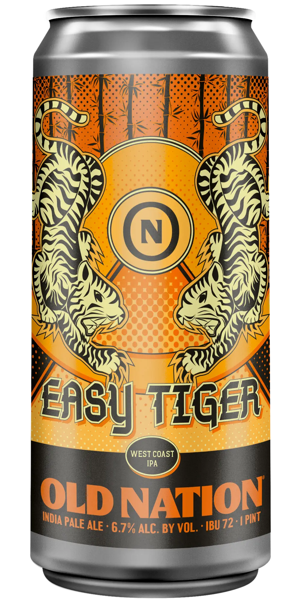 Old Nation Easy Tiger beer in an aluminum can. Drawing of two tigers with with bamboo stalks in the background and the beer name on the can label.
