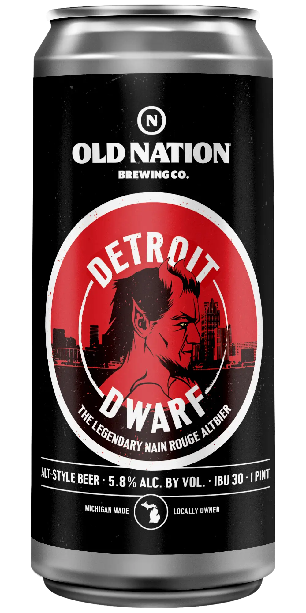 Old Nation Detroit Dwarf beer in an aluminum can. Drawing of the Detroit Dwarf on can label.