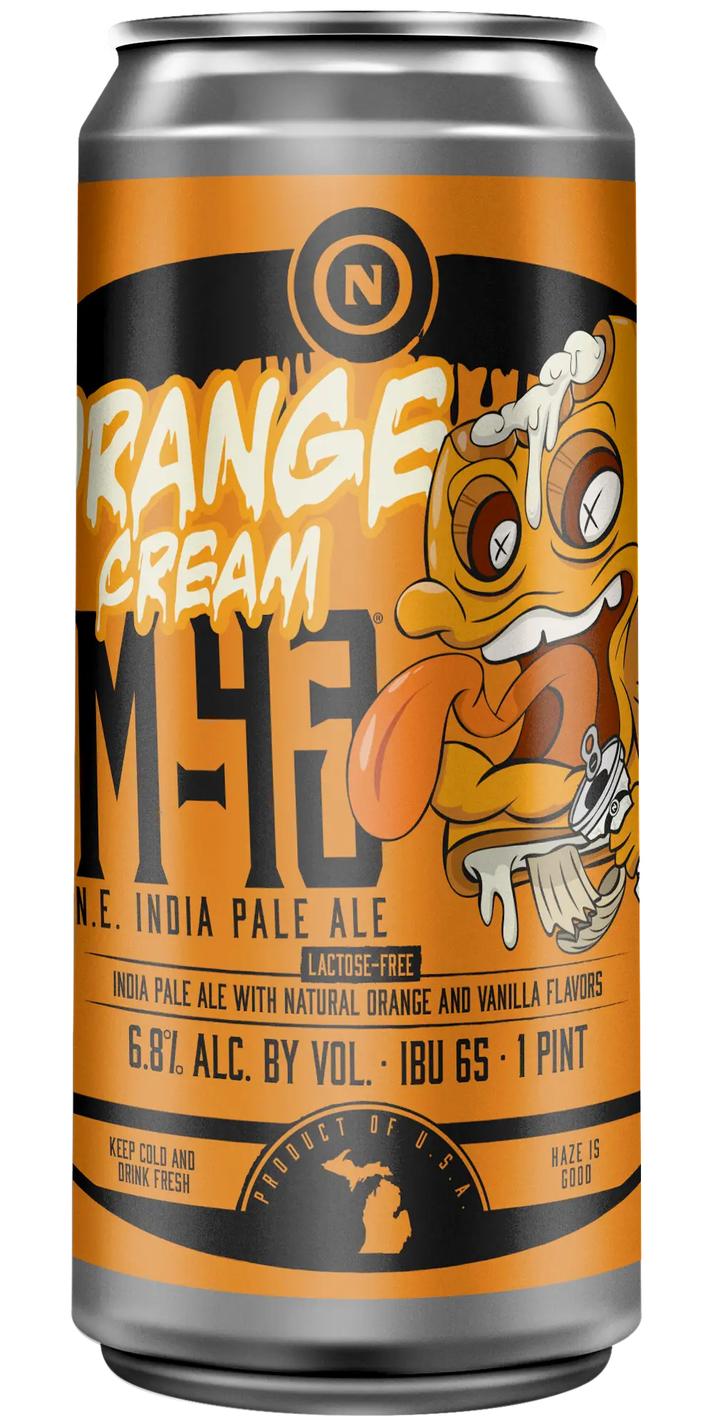 Old Nation Orange Cream beer in an aluminum can. Drawing of cartoon character ice cream bar on the can label.