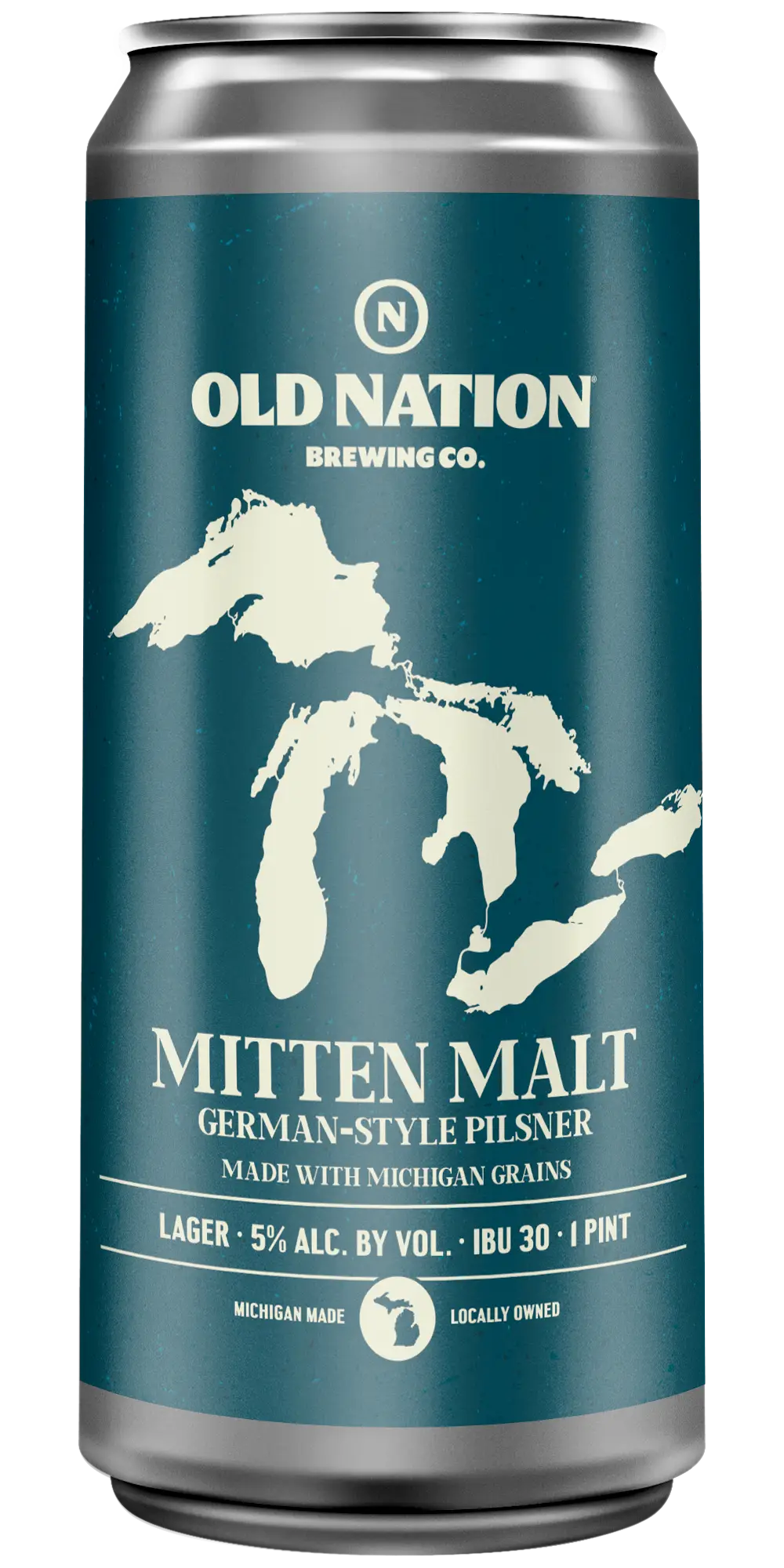 Old Nation Mitten malt beer in an aluminum can. Drawing of Michigan and the great lakes on can label.