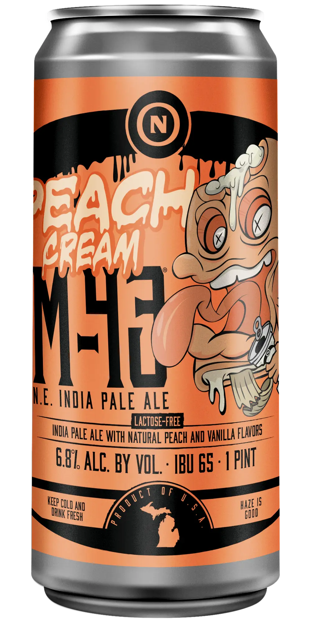 Old Nation Peach Cream beer in an aluminum can. Drawing of cartoon character ice cream bar on the can label.