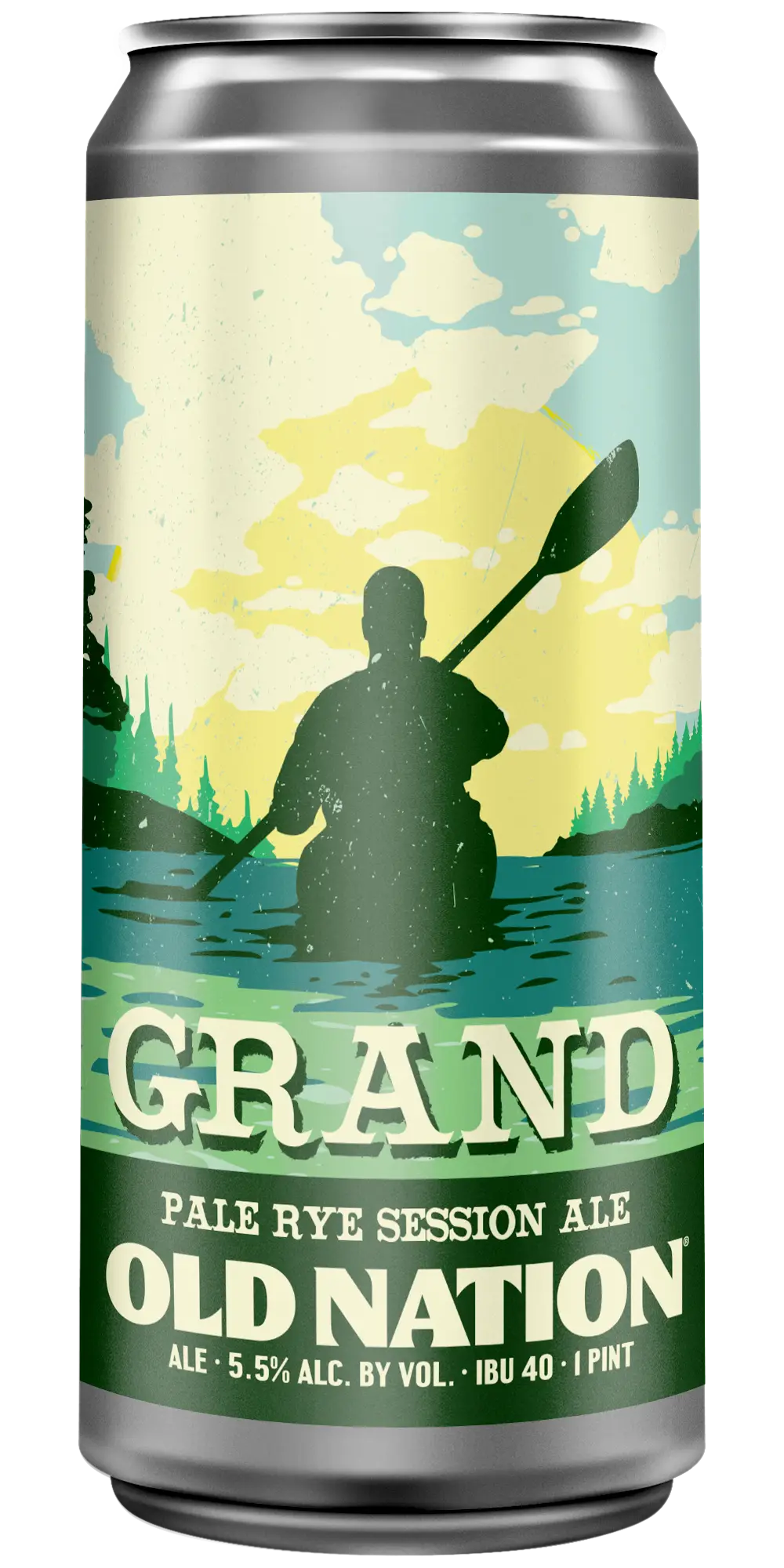 Old Nation Grand Pale Rye Ale beer in an aluminum can. Drawing of sunset with a person canoeing on a river on the can label.
