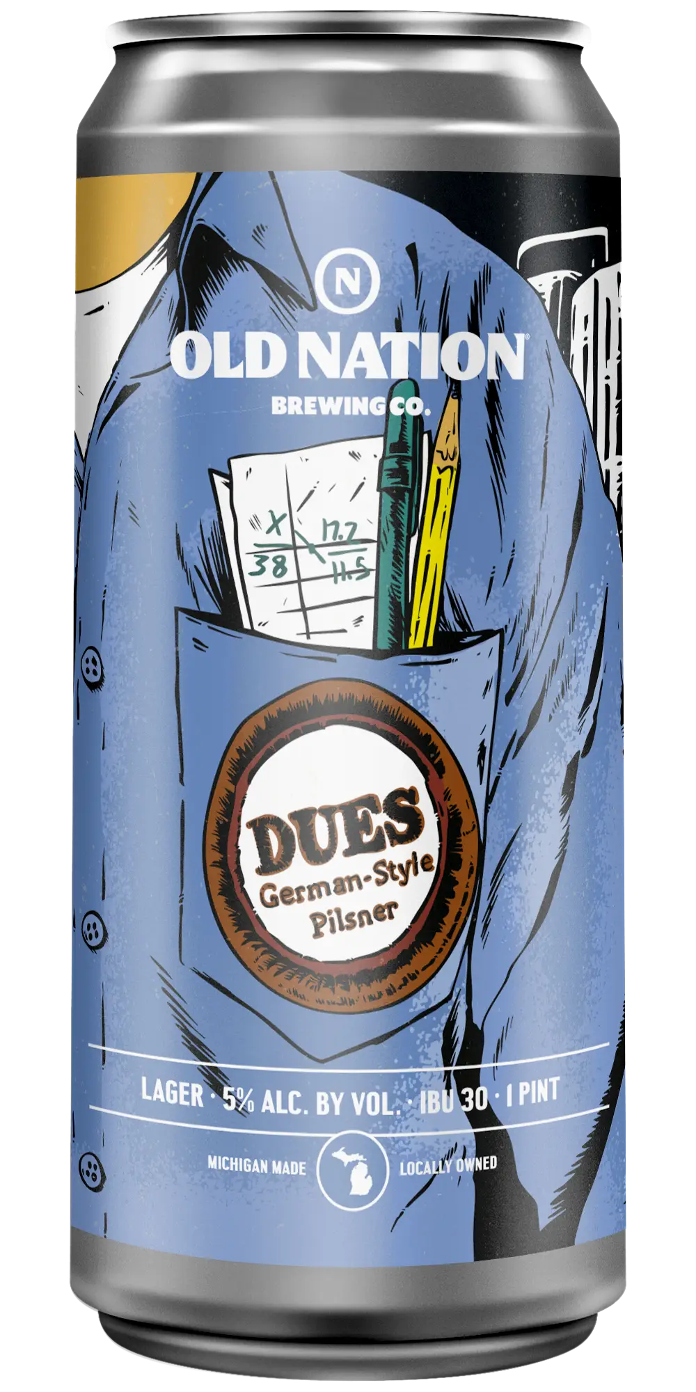 Old Nation Dues German-Style Pilsner beer in an aluminum can. Drawing of a close up of a work shirt showing the pocket with a ben, pencil, and folded up brewer not it it on the can label.