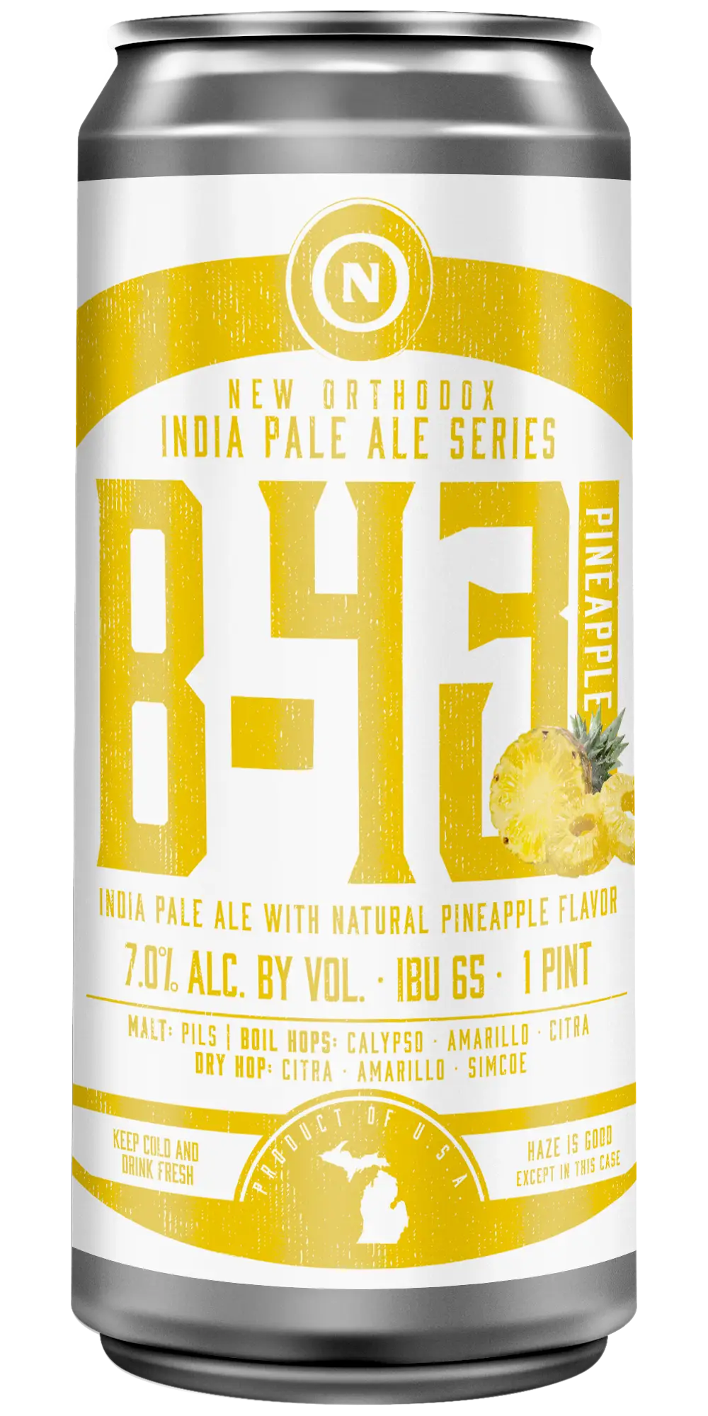 Old Nation Pineapple B-43 beer in an aluminum can with an image of slice pineapple on the front.
