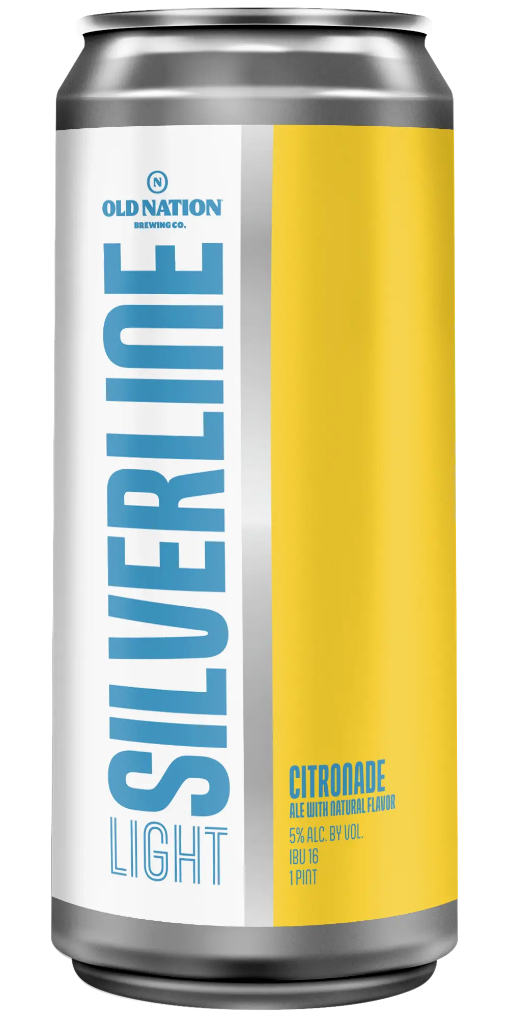 Old Nation Silverline Light Citronade beer in an aluminum can. The label is half white and half yellow with a shiny foil line going down the center.