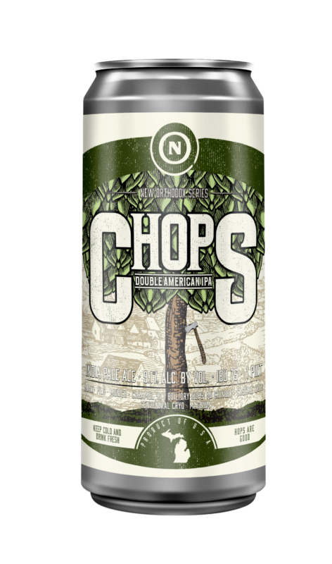 Old Nation Chops beer in an aluminum can. Drawing of a tree with hops for the foliage and an axe in it on the can label.
