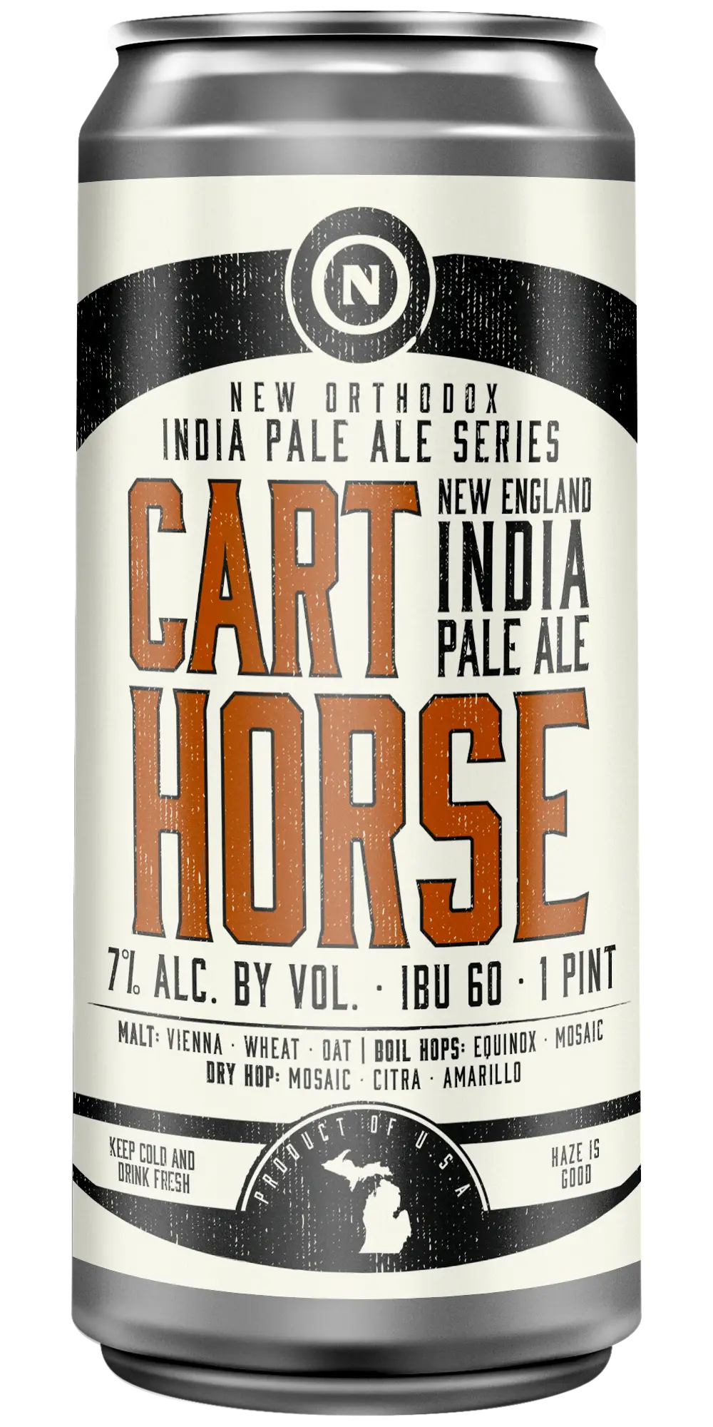 Old Nation Cart Horse beer in an aluminum can with the name ion the front.
