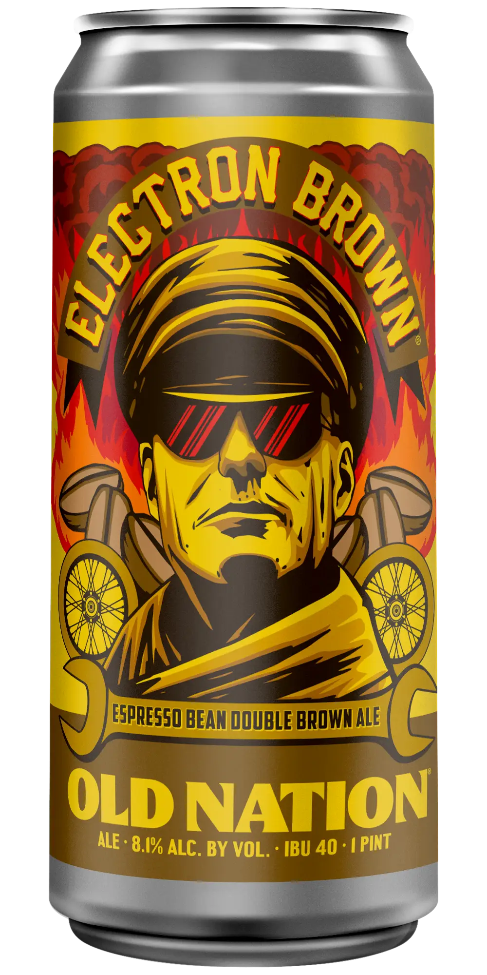 Old Nation Electron Brown Ale beer in an aluminum can. Drawing of a person with coffee beans, flames, and motorcycle wheels on the can label.